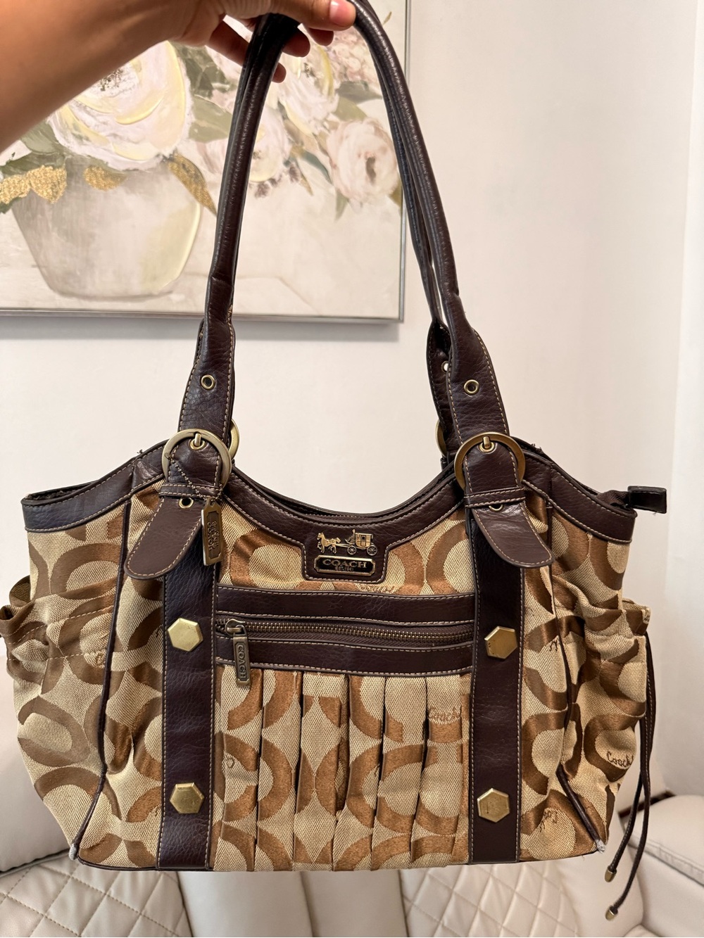 Coach Signature Canvas Shoulder Bag in Brown and Tan